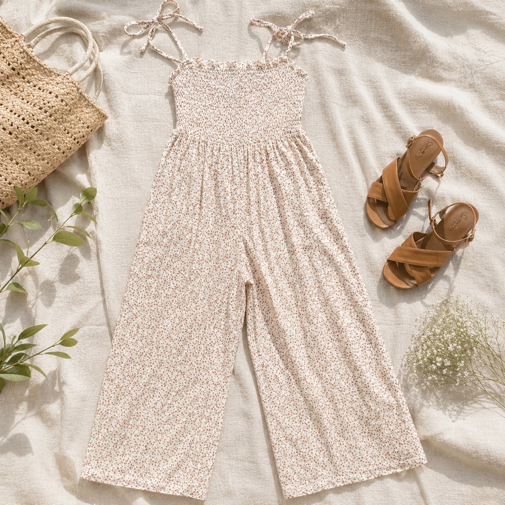 True Craft Floral Smocked Wide Leg Jumpsuit Cottagecore Boho Cotton XL Vacation